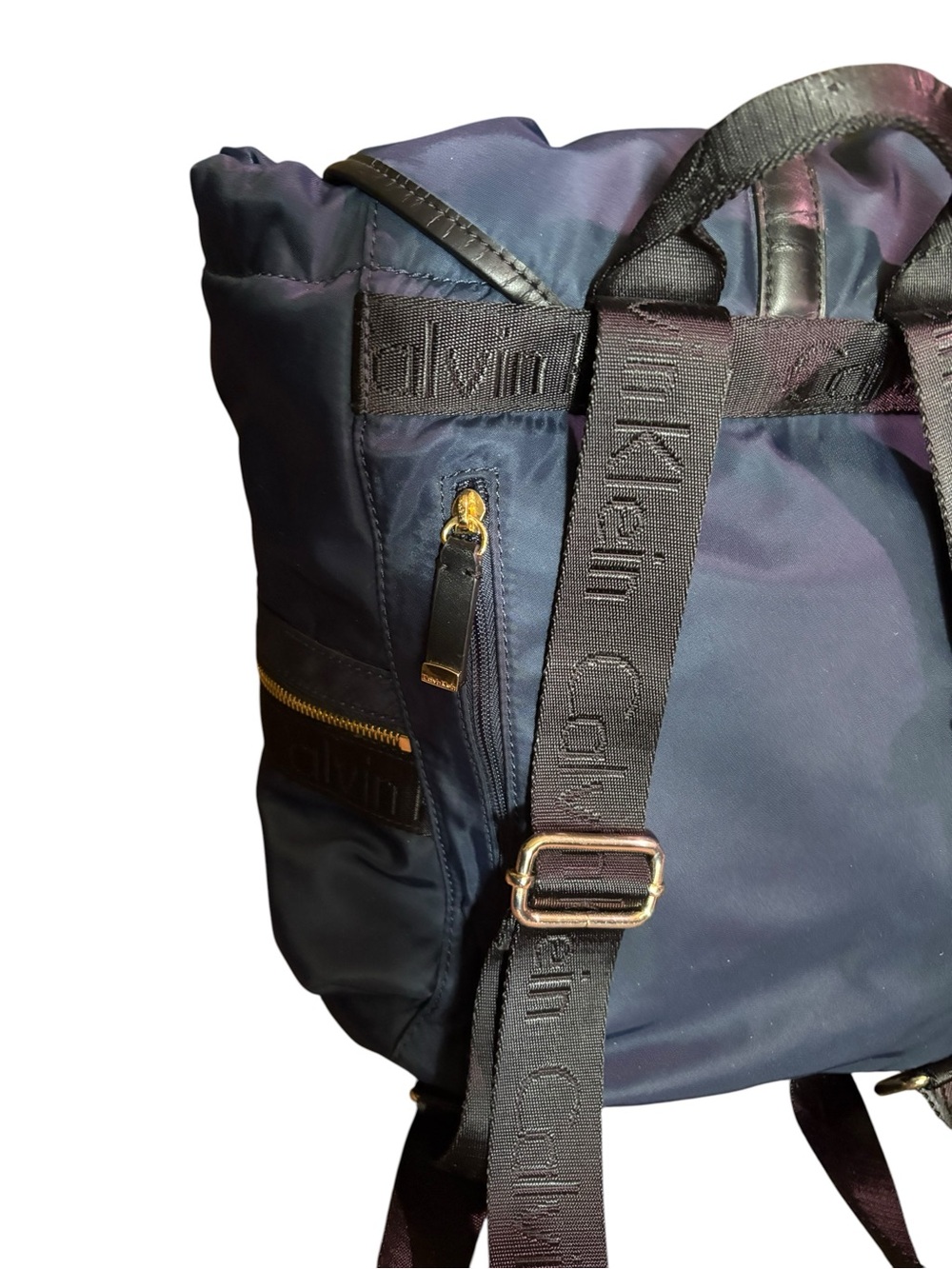 Calvin Klein Navy Nylon & Leather Trim Flap Backpack | Gold Hardware - Picture 7 of 8